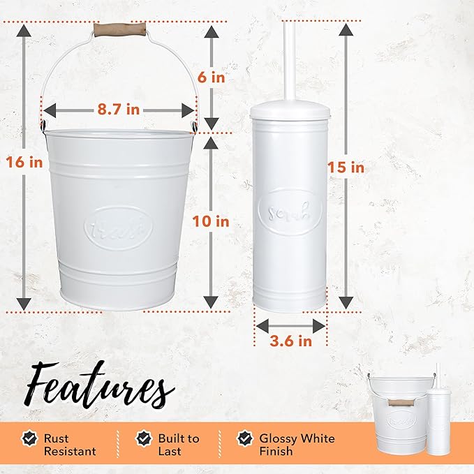 Autumn Alley Rustic Farmhouse White Bathroom Trash Can and Toilet Brush Set – Bathroom Accessories for Modern Farmhouse Charm White Trash Can with Toilet Brush and Holder 2 Gal. Capacity