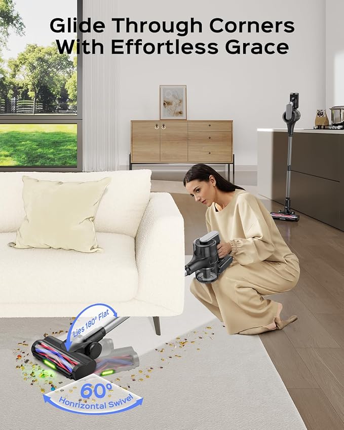 Cordless Stick Vacuum Cleaner – 3-in-1 Brush Roll for Hard Floors and Carpets 55 Min Runtime Rechargeable Lightweight Vacuum with Green LED Headlight for Pet Hair and Dust Cleaning