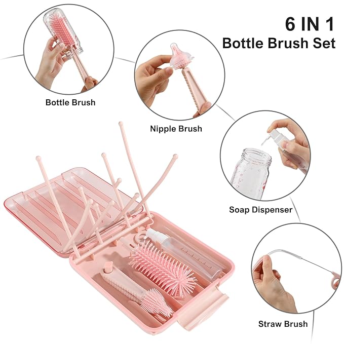Baby Bottle Brush Set-6 in 1 Bottle Brush Cleaner with Silicone Bottle BrushDrying RackNipple BrushStraw BrushSoap Dispenser&ampStorage Box-Baby Essentials Gifts for Home&ampTravel(Pink)