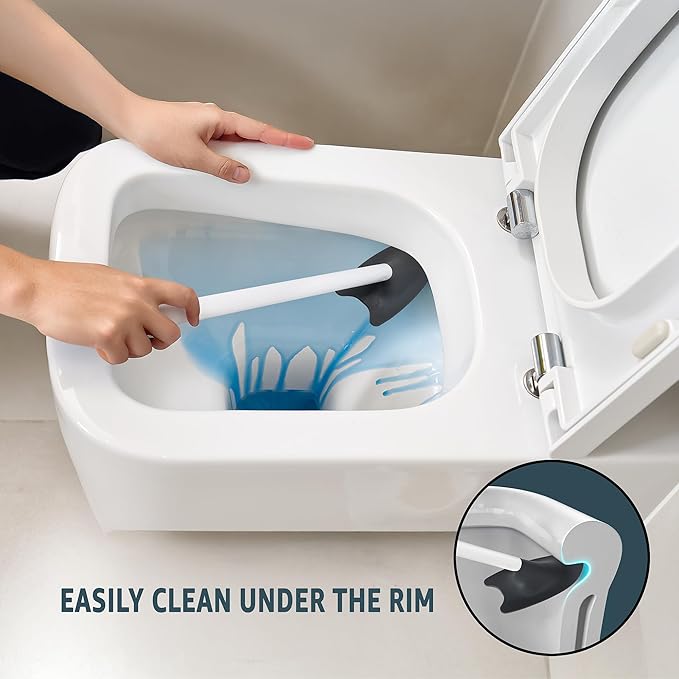 Broombi Sani-Flex Toilet Brush Squeegee and drip-Less Holder Set with a Patented Silicone Bristle-Free Head - no Mess no clinging gunk or Poo Super Clean Solution (White)