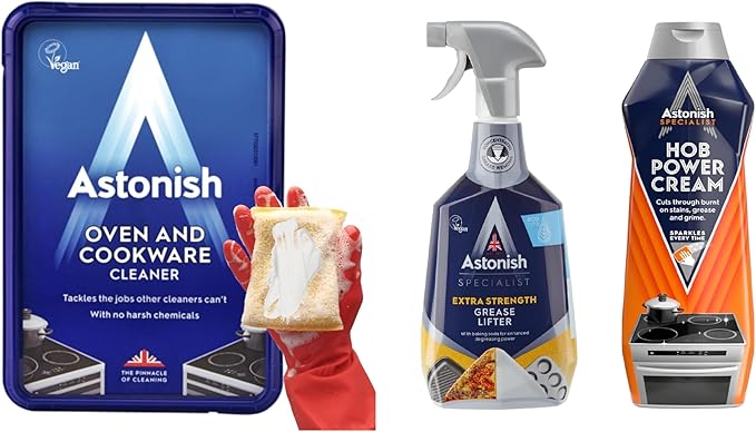 Astonish Kitchen Degreaser &amp Cleaner Bundle – Oven &amp Cookware Cleaning Paste Extra Strength Grease Lifter Spray with Baking Soda and Specialist Hob Cleaner Cream – Heavy Duty Multi-Surface C