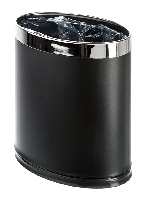 'Invisi-Overlap' Metal Trash Can Open Top Small Office Wastebasket Oval Shape (Black)