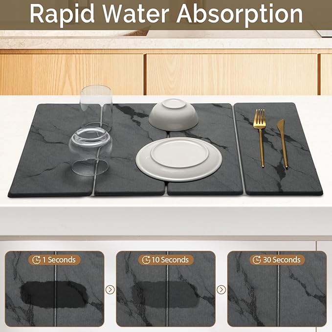 Large Stone Dish Drying Mat for Kitchen Counter 2 PCS Quick Dry Stone Mats Foldable Water Absorbing Diatomaceous Earth Drying Dishes Pad for Countertop Bottles Utensils Cup(Dark gray 24x16&amp8x