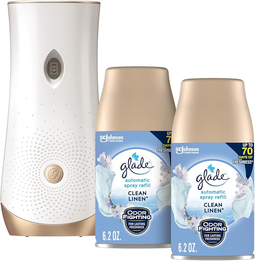 Glade Automatic Spray Refill and Holder Kit Air Freshener for Home and Bathroom Clean Linen 6.2 Oz 2 Count