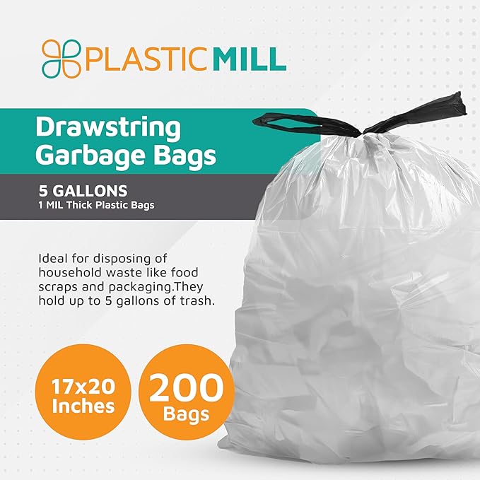 PlasticMill Drawstring Trash Bags - White Garbage Bags - Plastic Trash Bags - Kitchen Bathroom Office Garbage Bags Trash Can Liners - 5-Gallon Small Trash Bags 1 Mil 17x20 (200-Count)