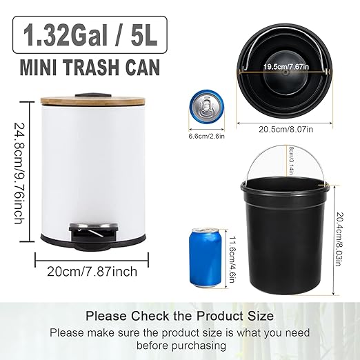 SIDIANBAN Small Bathroom Trash Can with Bamboo Lid Soft Close and Foot Pedal 1.3Gal/5L Round Garbage Can with Removable Inner Wastebasket for Bedroom Powder Room Craft Room Office Kitchen White