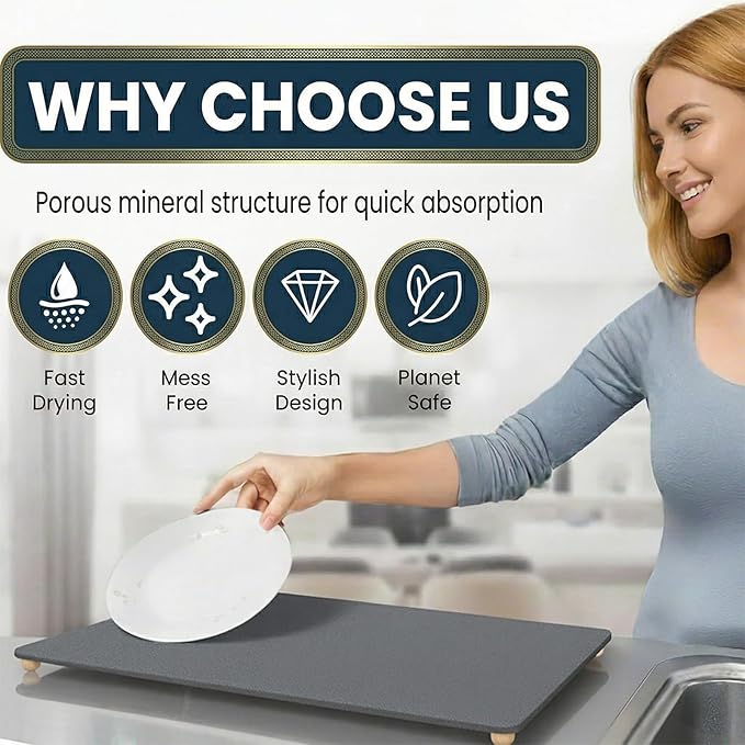Stone Drying Mat for Kitchen Counter with 5 Wooden Feet 19.7×14.7 Diatomaceous Earth Dish Drying Mat Elevated Drying Stone Mat for Modern Kitchen Countertop (Dark Gray Standard-Solid)