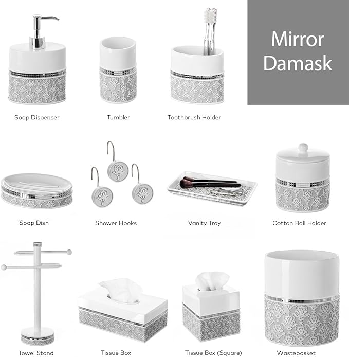 Creative Scents Mirror Damask White and Gray Bathroom Accessories Set - 6 Piece Bathroom Accessory Set Includes: Trash Can Tissue Box Cover Soap Dispenser Soap Dish Toothbrush Holder &amp Tumbler
