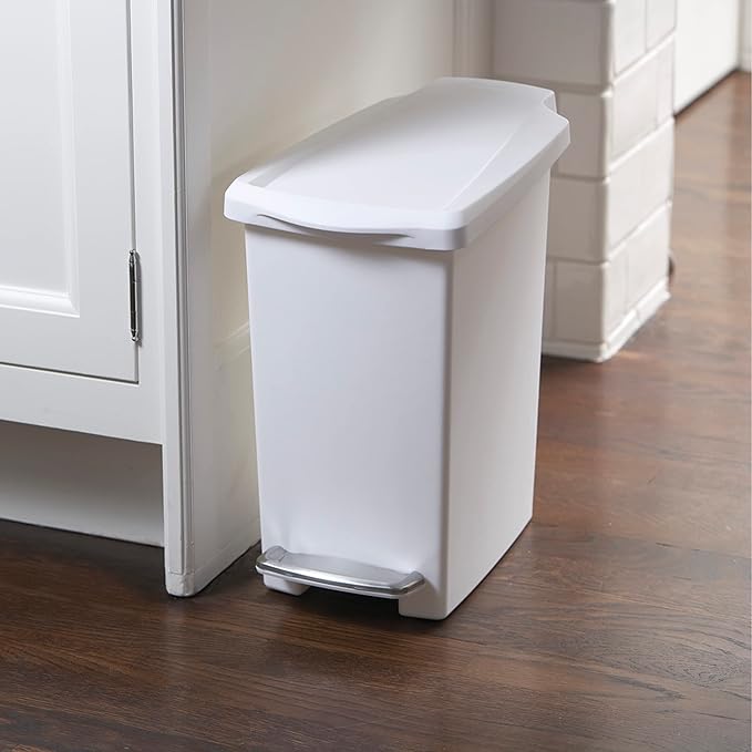 simplehuman 10 Liter / 2.6 Gallon Compact Slim Bathroom or Office Step Trash Can White Plastic
