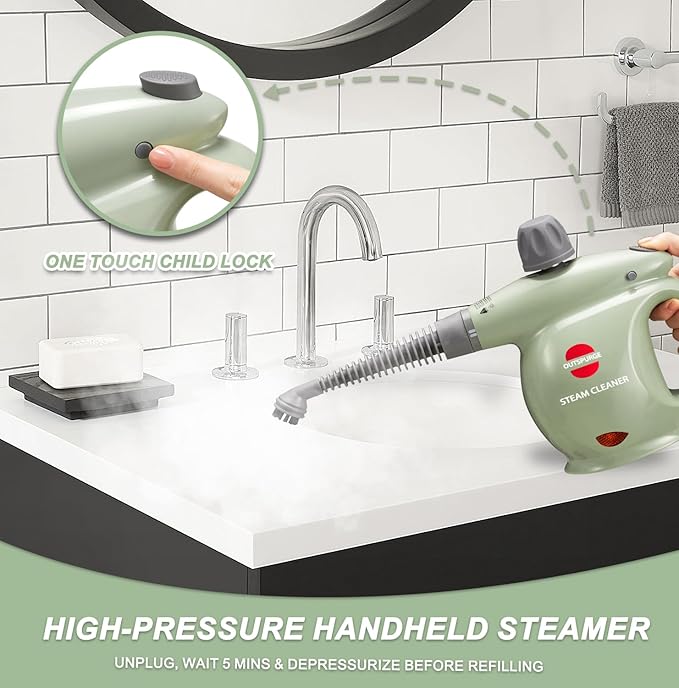 Handheld Steam Cleaner Pressurized Multi-Surface Steam Shot with 13 Accessories Safety Lock Steamer for Cleaning Floor Upholstery Grout Windows Couch and Car Green
