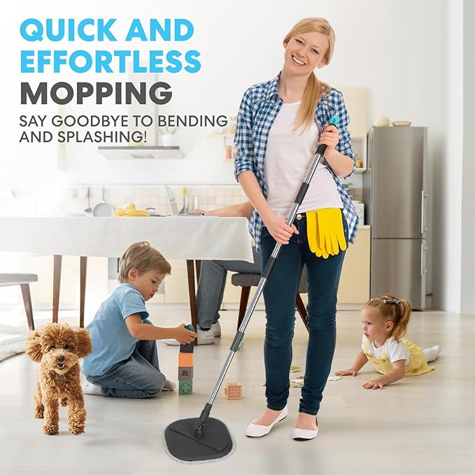 Simpli-Magic 360° Square Spin Mop and Bucket System – Dual Compartment Separate Clean &amp Dirty Water – 3 High-Absorbent Microfiber Washable Heads – All Types Floor Cleaning
