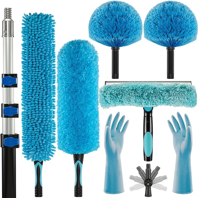 20 Foot Fan Cleaner High Ceiling 2 Cobweb Dusters with Heavy Duty Extension Pole Window Squeegee Kit Household Cleaning Gloves(12ft)