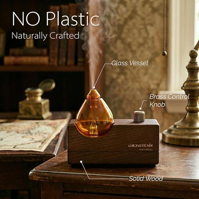 Amber Premium Glass Essential Oil Diffuser with Handmade Wood Base for Aromatherapy Retro Waterless Scent Diffuser with Cool Mist Rechargeable &amp Wireless Oil Nebulizer with LED &amp Timer 2026