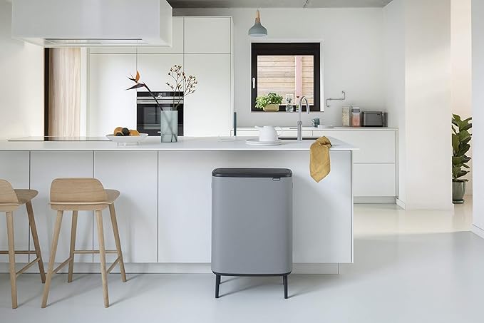 Brabantia Bo Hi Touch Top Kitchen Trash Can with Single Compartment &amp Raised Legs | Mineral Concrete Gray | 16 Gal Inner Bucket | Soft-Close Light Touch Opening Stay-Open Lid | + Trash Bags