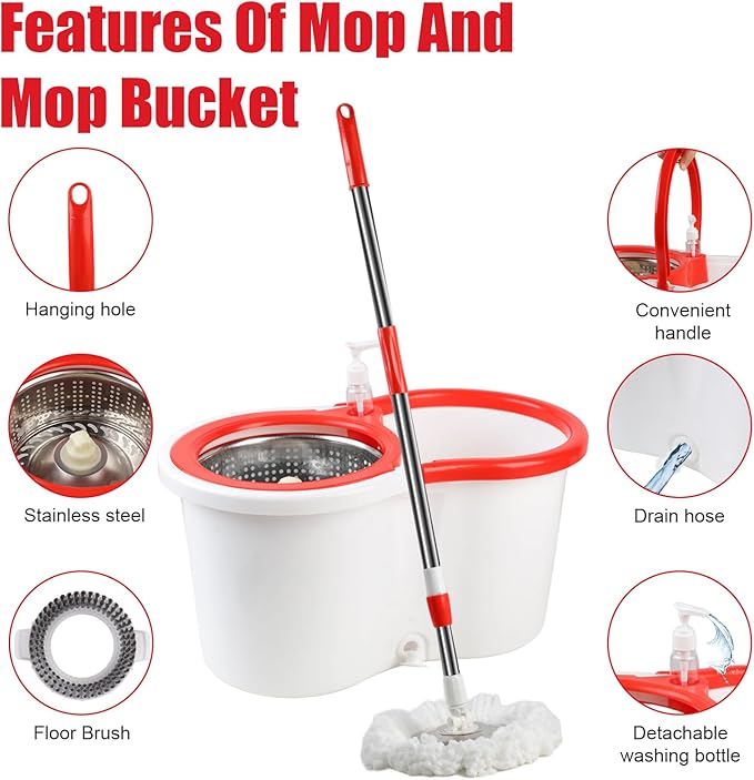 Spin Mop and Bucket with Wringer Set 360° Spinning Mop Bucket System with 6 Microfiber Mop Replacement Heads and 61 Stainless Steel Adjustable Handle for Floor Cleaning (20QT)