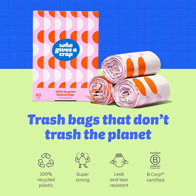 Who Gives a Crap 100% Recycled Small Trash Bags 60 Count 4 Gallon Sustainable Garbage Bags for Kitchen Office or Bathroom Trash Can Designed to Help Resist Leaks and Tears Durable Tie Handles