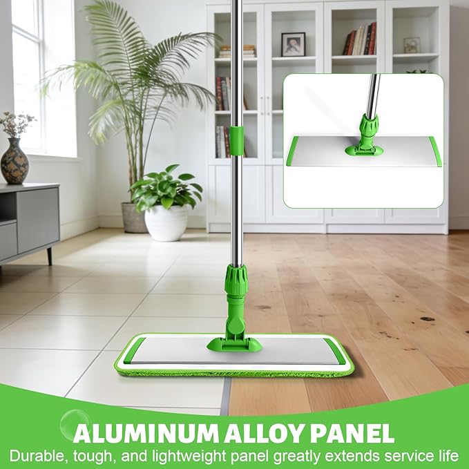 17.7 Microfiber Mop for Floor Cleaning 59in Long Adjustable Stainless Steel Handle 360° Rotating Large Flat Mops 4 Washable Pads for Dry &amp Wet Cleaning for Hardwood Vinyl Laminate Green