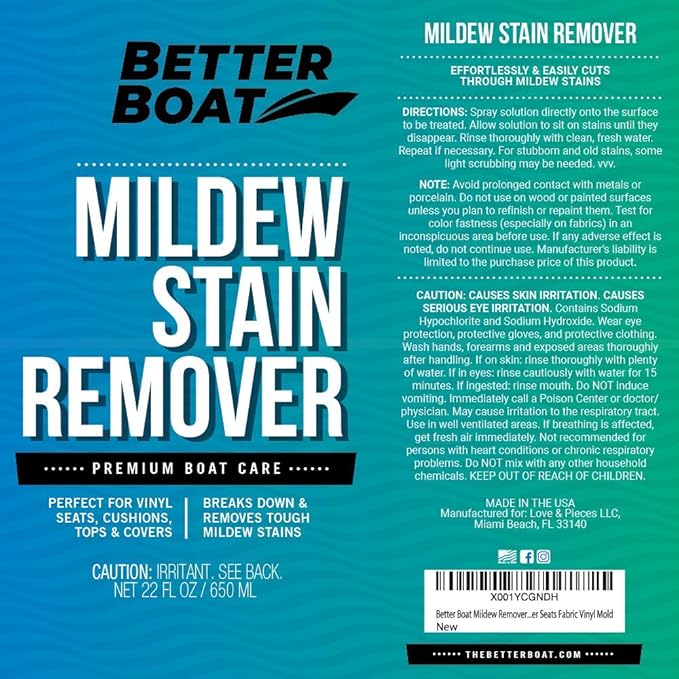 Better Boat Mold and Mildew Stain Remover 22oz Spray for Fabric Vinyl Tile Grout Removes Mold Stains on Boat Seats Bathroom Shower Patio Furniture Carpet Canvas