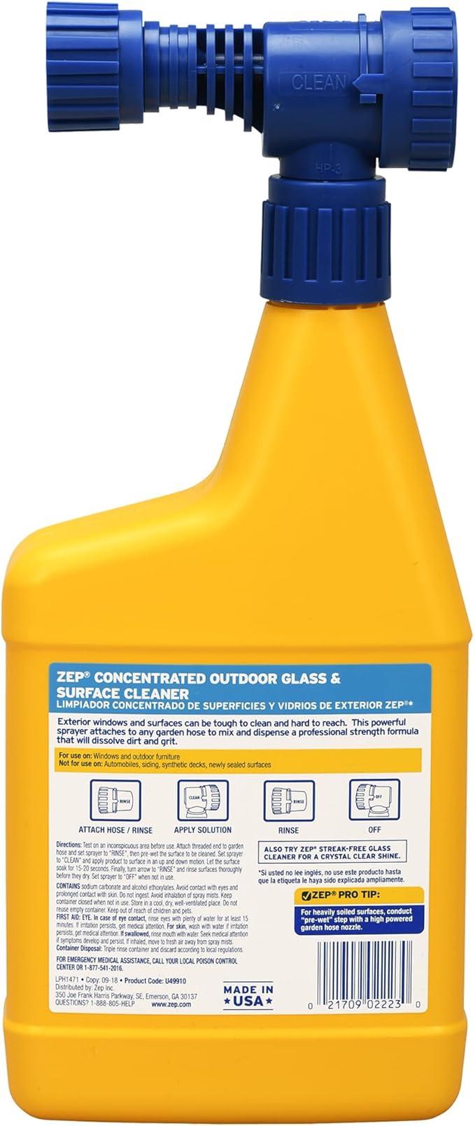 Zep Hose End Outdoor Glass and Surface Cleaner - 32 oz (Case of 6) - U49910 - Easy-To-Use Attach and Spray for A Streak-Free Shine
