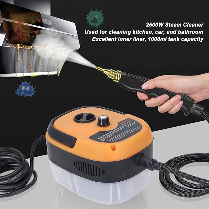 2500W Handheld Steam Cleaner High Temperature 3Bar High Pressure Portable Steam Cleaning Machine with 3 Brush Heads 1000ML Water Tank Steam Cleaner for Cleaning Car Kitchen (US Plug 110V)