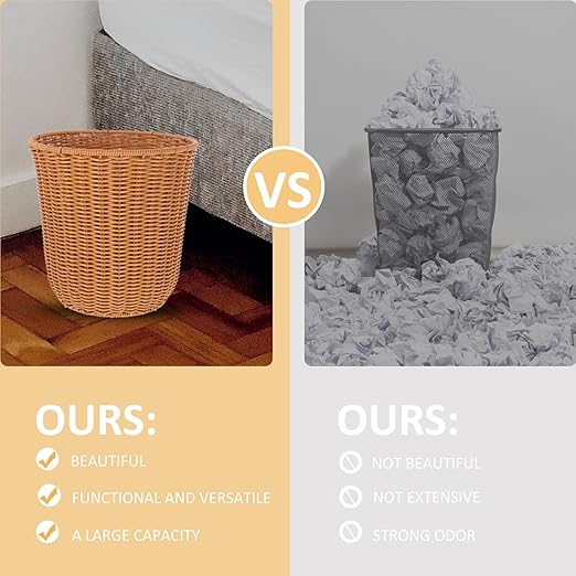 Kichvoe Woven Trash Can Storage Basket Versatile Household Wastebasket Imitation Rattan Design Decorative Sundries Basket for Living Room Bedroom and Bathroom Use