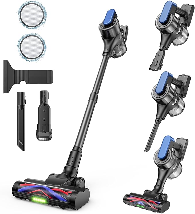 Cordless Stick Vacuum Cleaner – 3-in-1 Brush Roll for Hard Floors and Carpets 55 Min Runtime Rechargeable Lightweight Vacuum with Green LED Headlight for Pet Hair and Dust Cleaning