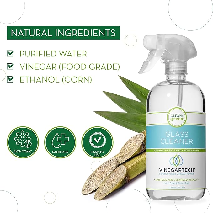 CLEAN+GREEN VinegarTech Glass Cleaner Spray - Cleaning Vinegar- Vinegar For Cleaning Purpose - Glass Cleaner Window Cleaner Bathroom Glass Cleaner- Spray Cleaner for House Supplies- 24 Fl Oz