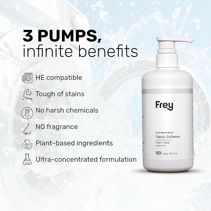 FREY Natural Liquid Fabric Softener &amp Conditioner | Laundry Softener for Clothing | Works In All Machines + HE | Powered by Natural Ingredients (1-pack Fragrance-free)