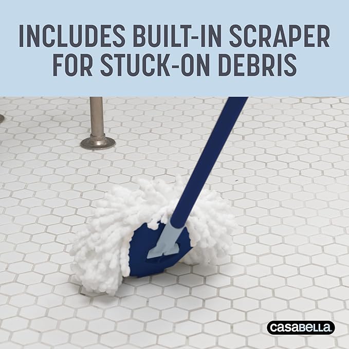 Casabella Spin Mop System with Extra Mop Head Refill - Two-Bucket Design with Splash Guard Built-in Measuring Cup and Scraper Tool with Easy Wring Pedal Spinner 1.25-Gallon Blue