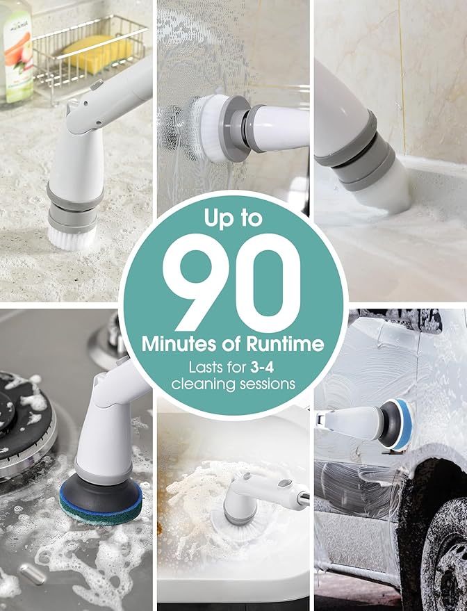 Sweepulire Electric Spin Scrubber for Cleaning Shower Scrubber with Long Handle 2 Spin Speeds Bathroom Scrubber with 8 Replacement Heads Bath Tub Cleaner Brush for Floor Tub Shower Tile