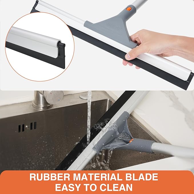 Eazer Floor Squeegee Broom: Heavy Duty Scrubber with Extendable 60'' Aluminum Pole and Rubber Blade for Kitchen Swimming Pool Concrete FloorsShowerTilesGaragesWindowsGlassPet Hair Removal