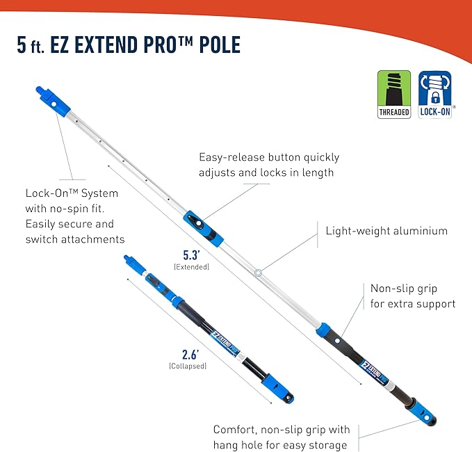 Unger Professional Lock-On EZ Extend Pro Telescopic Pole Extension 2.6’ to 5.3’ Telescoping Pole for Floor &amp High-Access Cleaning Use With Squeegees Broom Heads Brush Heads &amp More Indoor
