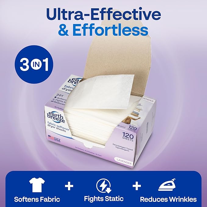 Earth Breeze Fabric Softener Dryer Sheets – Lavender Hypoallergenic No Harsh Chemicals Safe Ingredients – Soft Clothes – Static Cling &amp Wrinkle Reducer – Gentle Fabric Care – Made in USA (2 Pac