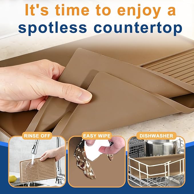 Mrcrypos Silicone Coffee Mat 16X24in - Non-Slip Espresso Countertop Mat Spill Proof Coffee Bar Mat for Kitchen Station with Detachable Dish Drying Mats Fit Cafes &amp Office Countertops Brown