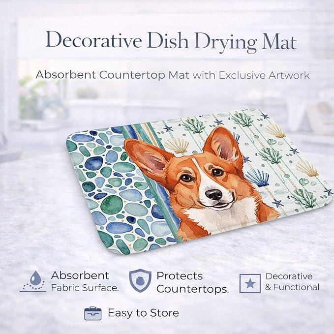 Caroline's Treasures Red Cardigan Welsh Corgi Coastal Sea Glass Dish Drying Mat Absorbent Dish Drying Mat Pad for Kitchen Counter Dish Drainer Mat for Countertop 14 x 21 Multicolor