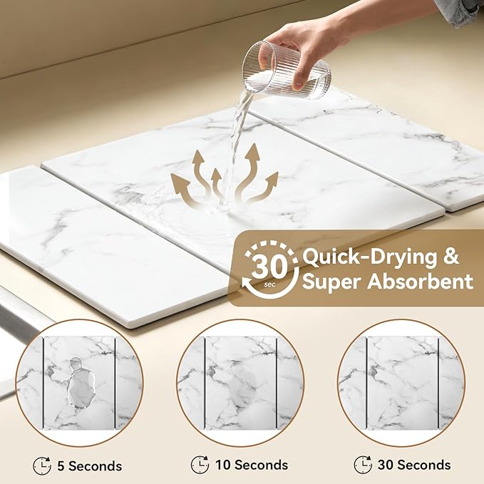 Large Stone Drying Mat for Kitchen Counter Foldable Quick Dry Dish Drying Mat 24x16 Water Absorbent Diatomaceous Earth Mats for Bottles Cups Dishes Modern Kitchen Essentials (White)