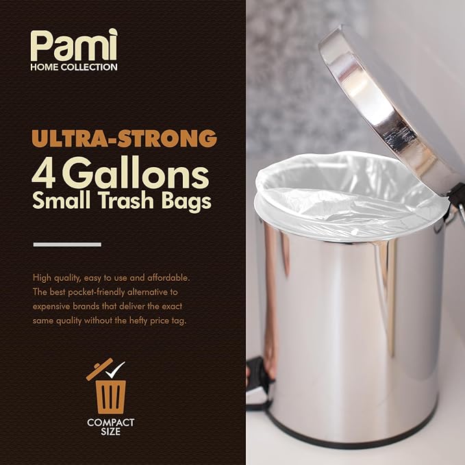 PAMI Small 4-Gallon Trash White 150 Bags - Strong Multipurpose Plastic Wastebasket Unscented Can Liners For Kitchen Bathroom Office- 4-Gallon Garbage Bags 1ft x1ft