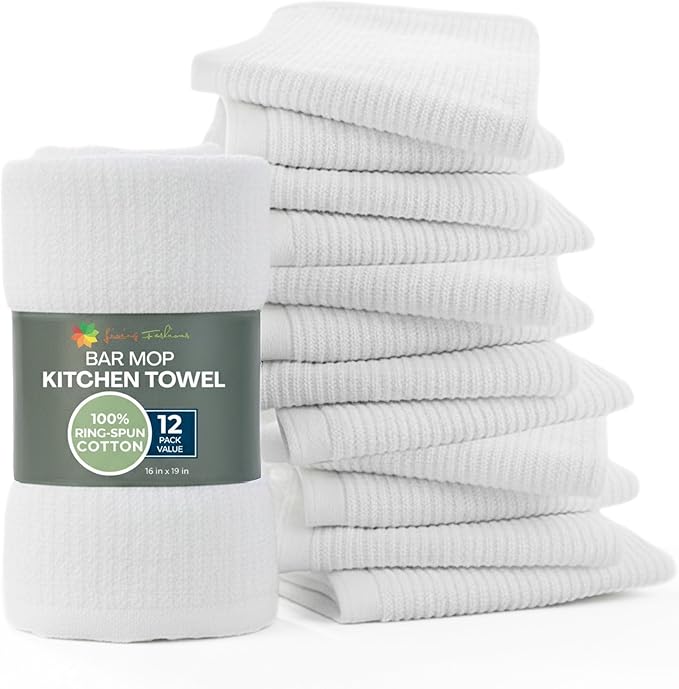 Bar Towels - Bar Mop Cleaning Kitchen Towels (12 Pack 16 x 19”) - Premium Ring-Spun Cotton White Kitchen Bar Towels Restaurant Cleaning Towels Shop Towels and Rags - Bulk Bar Mop Set