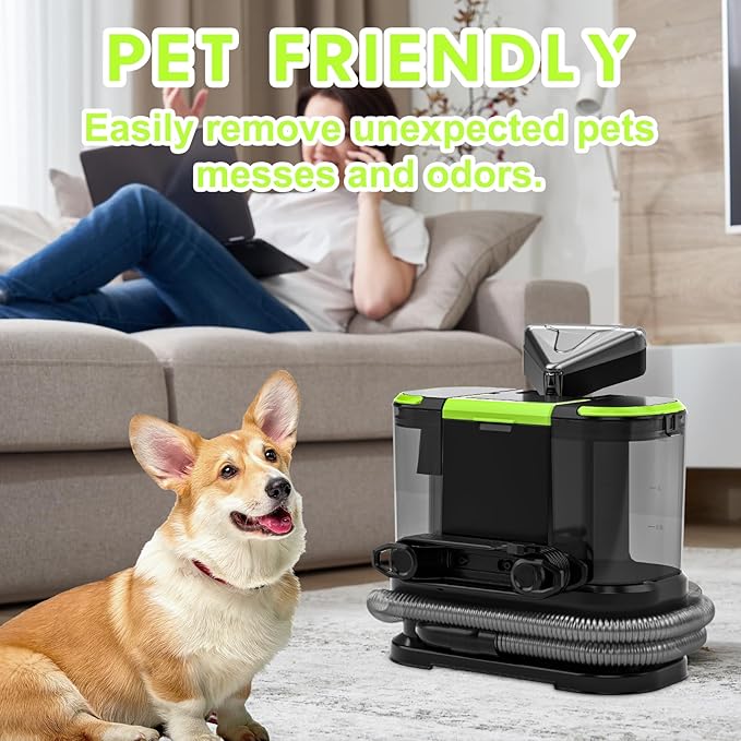 Portable Carpet &amp Upholstery Cleaner Deep Cleaning for Rugs Couch Curtain Car Interiors Stains Pet &amp Family Friendly 21 Kpa suction with 800W high-performance motor 120V (Green)