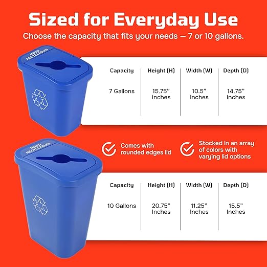 City Box 10 Gallon Mixed Recycling Bin with Lid for Residential Business and Commercial Recycling - NYC Compliant - Blue