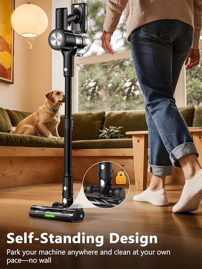 Cordless Vacuum Cleaner 46Kpa/55 Mins Vacuum Cleaners for Home Self-Standing Stick Vacuum with Rechargeable DockLED Display &amp Anti-TangleLightweight Vacuum for CarpetFloor (Pure Black)