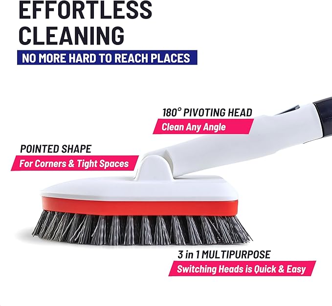 Shower Scrubber 3 in 1 Extendable Long Handle 58 Cleaning Brush - Non Scratch Shower Brush for Cleaning Bathroom Kitchen Toilet Wall Tub Tile Sink (Red)