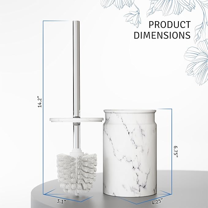 Toilet Brush and Holder Set - Toilet Bowl Brush and Holder with Sturdy Bristles for Thorough Cleaning - Concealed White Bathroom Accessories Toilet Cleaner Brush for Bathroom (Marble Look)