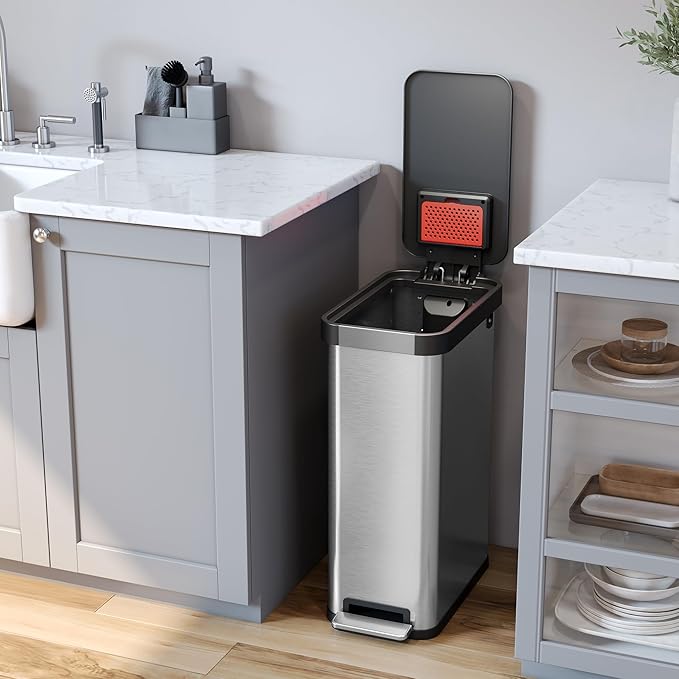 iTouchless SoftStep 13.2 Gallon Slim Step Pedal Trash Can with Odor Filter Elongated Stainless Steel Recycling Bin Space-Saving Garbage Trashcan 50 Liter Home Office Bedroom Livingroom Wastebasket