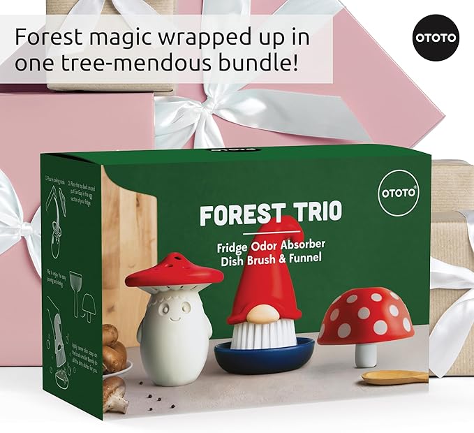 OTOTO Forest Trio Bundle of Beardy Magic Mushroom Fun Guy - Gnomes Dish Brush Fungilicious Kitchen Funnel Fridge Deodorizer Mushroom Decor Cute Kitchen Accessories Unique Mushroom Gnome Gifts