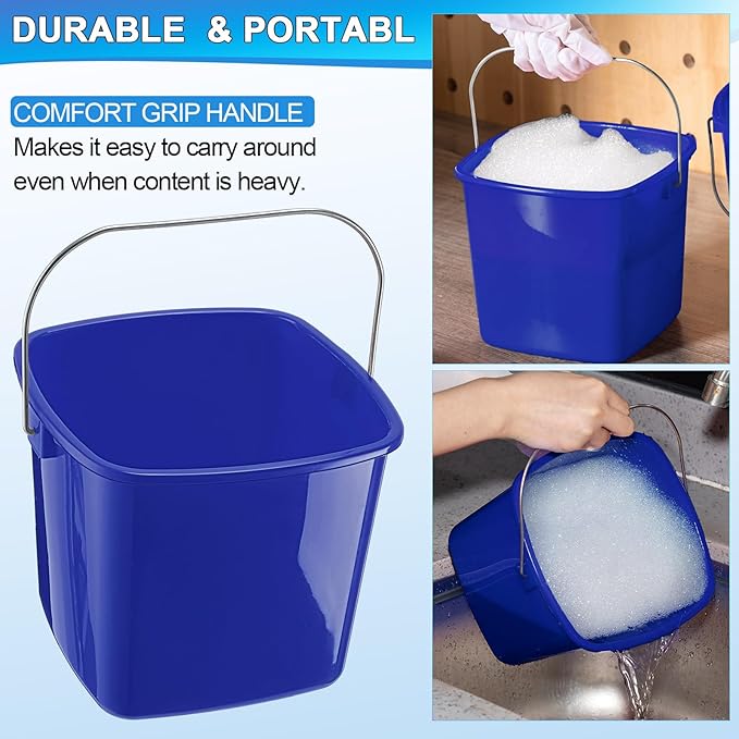Zhehao 6 Pcs 3 Quart Bucket for Cleaning Small Sanitizer Bucket for Restaurant Square Plastic Pail with Handles for Home Offices Commercial Use Food Service(Dark Blue)