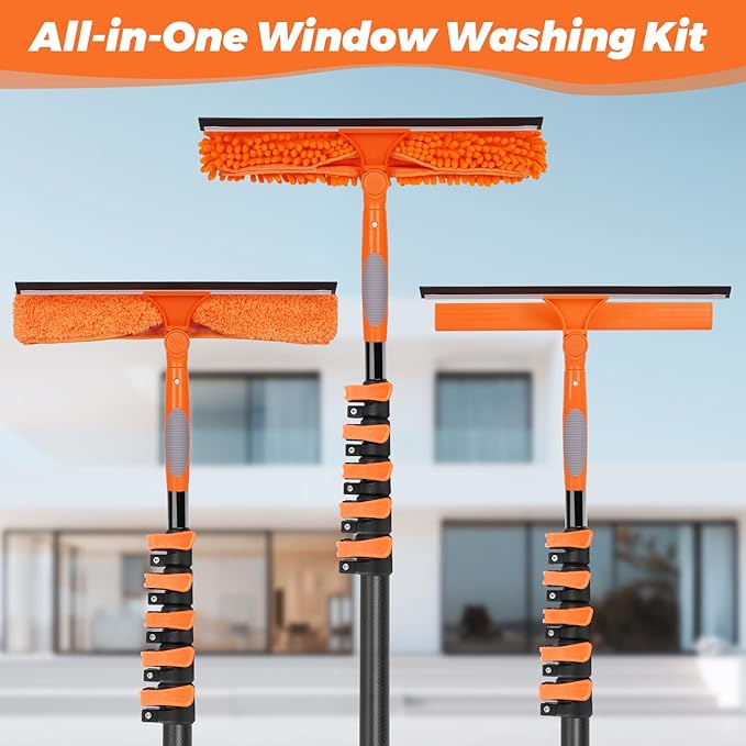 Window Washing Kit with Extension Pole 4.7 to 24FT Long Squeegee for Window Cleaning Indoor Outdoor Carbon Fiber Telescopic Pole for Window Cleaner Tool with Microfibre Pad &amp Chenille Cloth