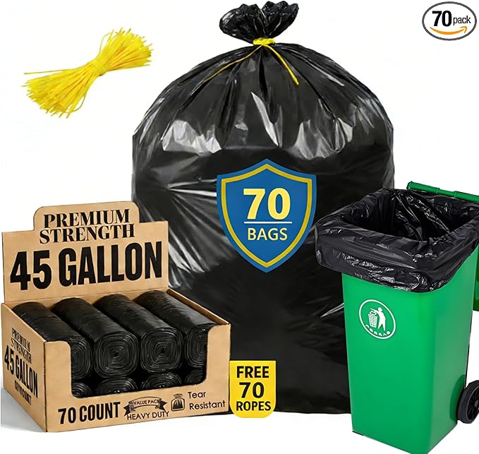 45 Gallon Trash Bags Heavy Duty Large Plastics Garbage Bags 70 Count 2.0 Mil Extra Thick 36”x 44”Trash Can Liners Garbage Trash Bag for Industrial Home Kitchen Commercial Yard Lawn Leaf