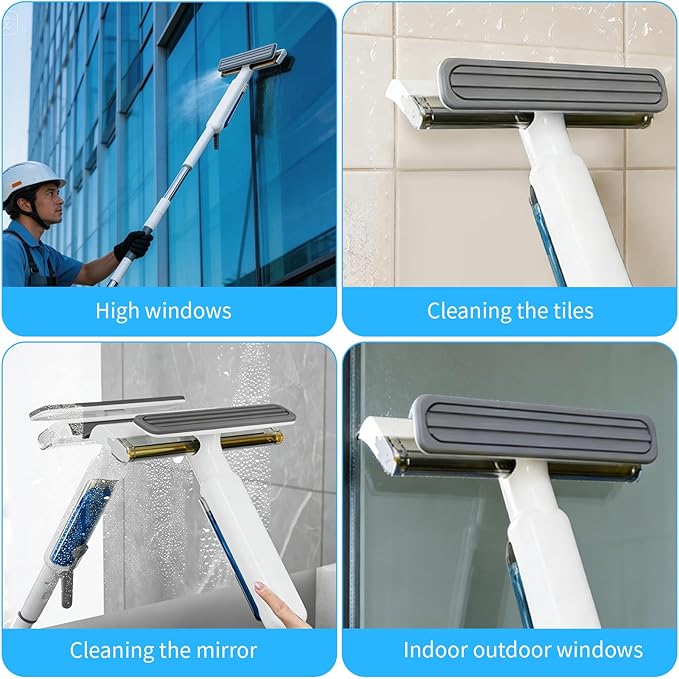 4-in-1 Window Squeegee with Sprayer &amp Remote Control Spray 74 Extendable Window Washing Kit with Extension Pole Window Cleaning Equipment for Indoor Outdoor High Window Car Glass &amp Shower