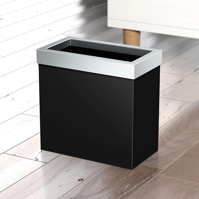 Gatco Modern Rectangle Wastebasket Matte Black and Chrome Combo - Stainless Steel Trash Can with Removable Lid Leakproof 3 Gallon Capacity for Bathroom Bedroom Kitchen or Office